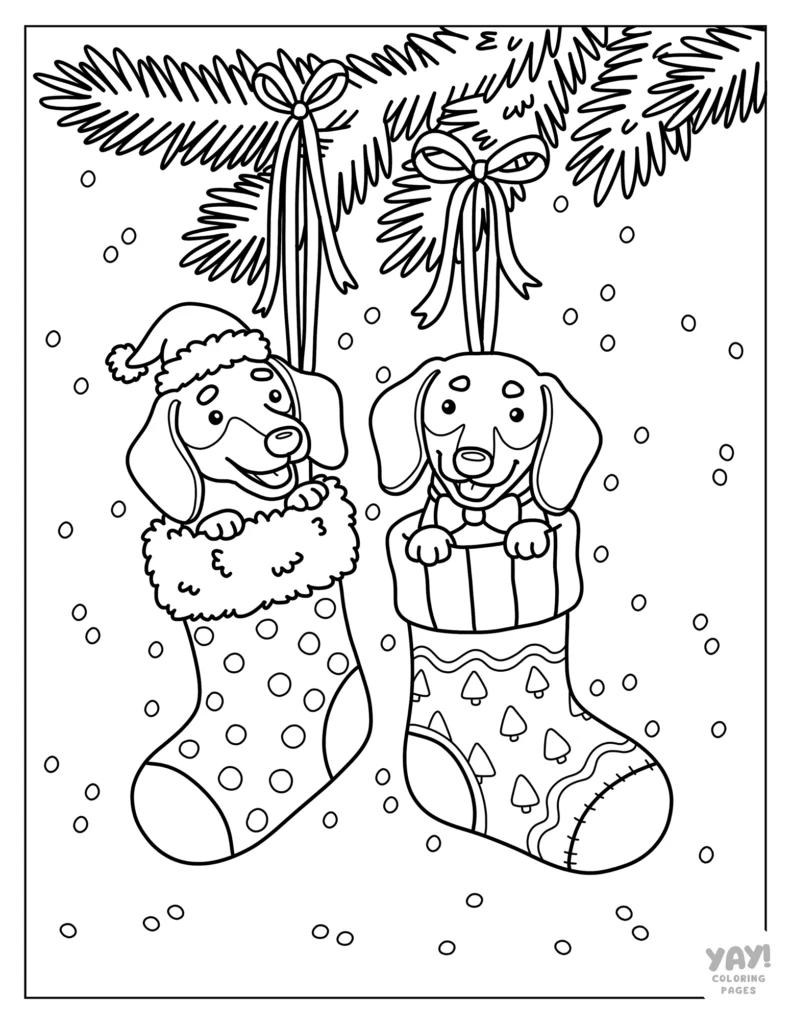 Dachshund puppies in Christmas stocking coloring page