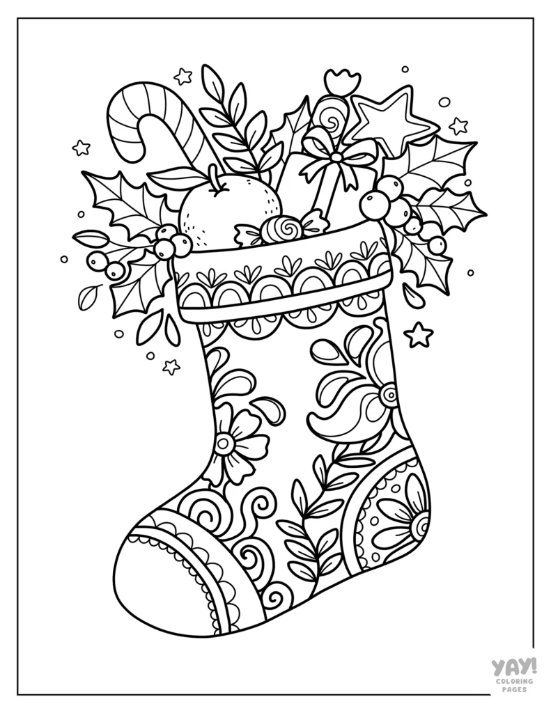 Floral Christmas stocking coloring page