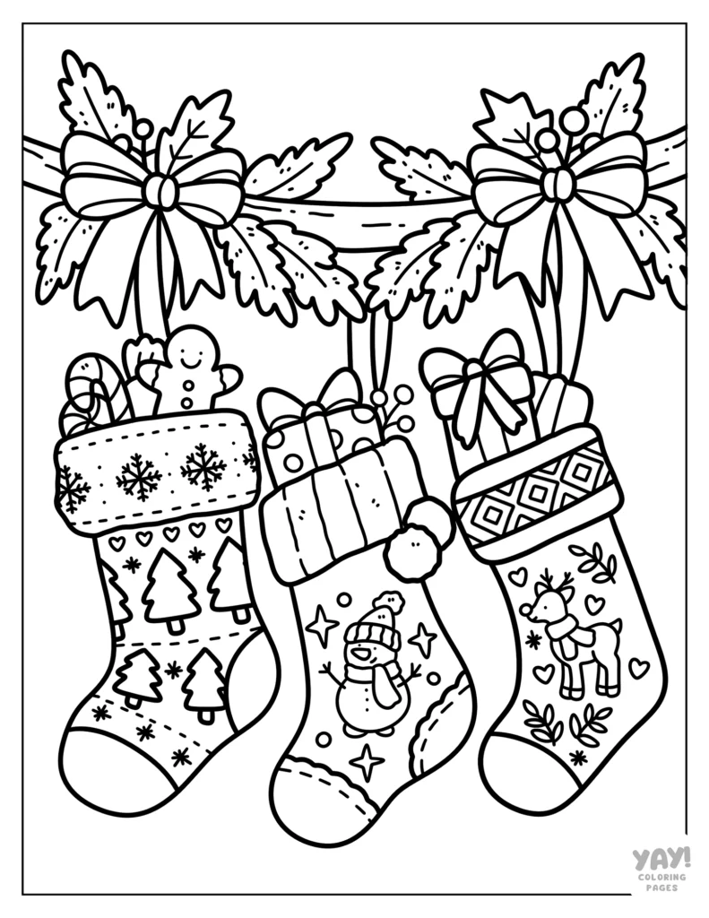 Trio of Christmas stockings with treats coloring page