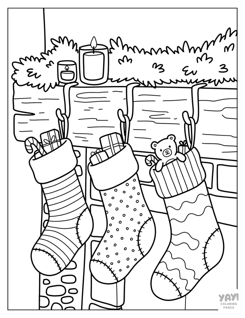 Christmas stockings hanging from mantle coloring page