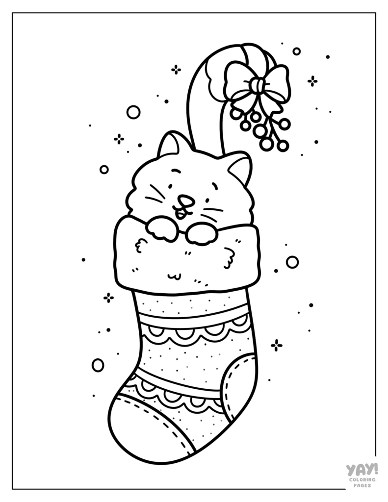 Cute cat peeking out of Christmas stocking coloring page