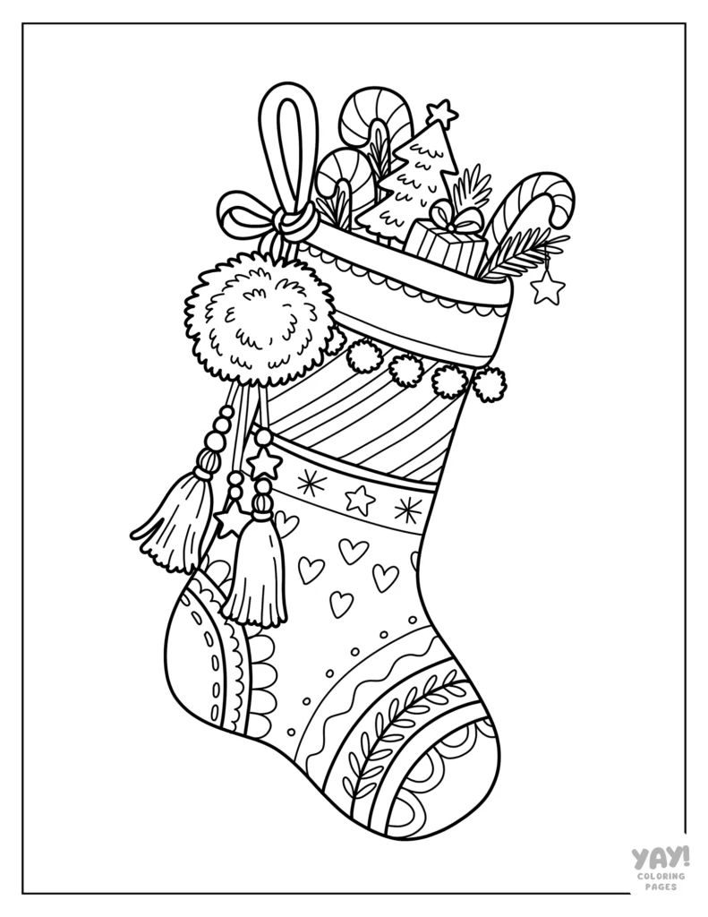 Christmas stocking coloring page with treats and pom pom