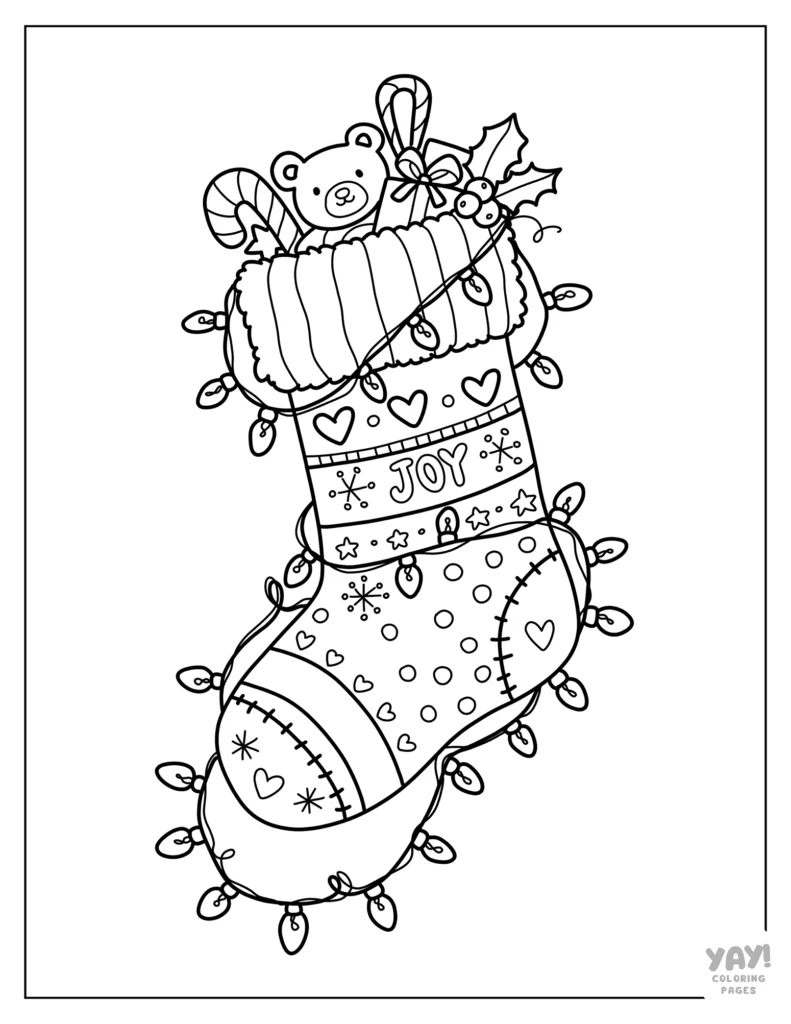 Christmas stocking wrapped in lights coloring page